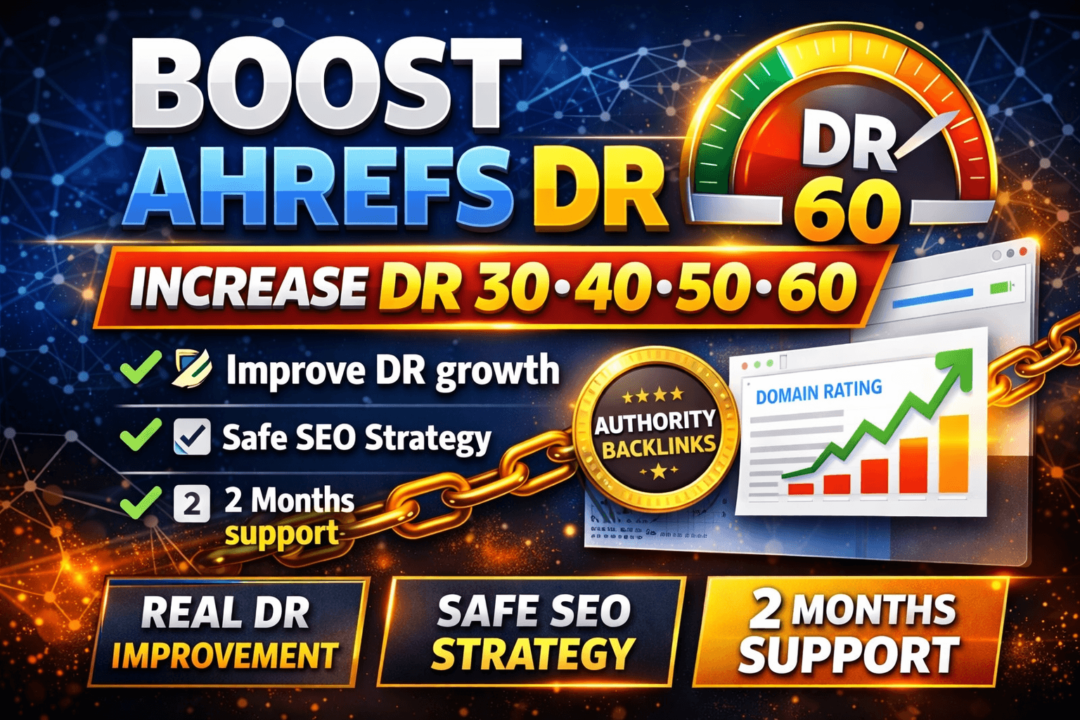 will increase your Ahrefs DR up to 30, 40, 50, 60 with safe authority backlinks